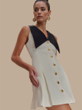 Turndown Collar Metal Button Sleeveless Chic Slim Waist Mini Dress