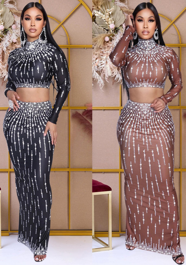 Long Sleeve Top & Bodycon Slit Skirt Party Printed Two-Piece Set