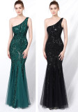 Luxury Sequin Mermail Women Formal Party Evening Dress Sexy Slash Shoulder Long Slim Bridal Gown