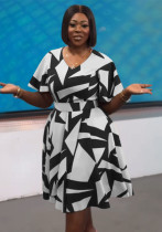 Spring and Summer Elegant Women's V-Neck Printed Slit Dress Spring and Summer Elegant Women's V-Neck Printed Slit Dress