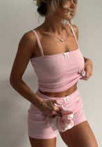 Summer Home Set Lace Bow Straps Top & Shorts Pajamas Casual Two-Piece Set