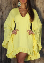 V-Neck Ruffle Bell-Bottom Sleeve Casual Dress