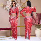 Long Sleeve Top & Bodycon Slit Skirt Party Printed Two-Piece Set