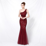 Luxury Sequin Mermail Women Formal Party Evening Dress Sexy Slash Shoulder Long Slim Bridal Gown