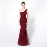 Luxury Sequin Mermail Women Formal Party Evening Dress Sexy Slash Shoulder Long Slim Bridal Gown