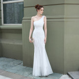 Luxury Sequin Mermail Women Formal Party Evening Dress Sexy Slash Shoulder Long Slim Bridal Gown