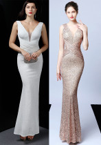 Halter Neck Sequined Fishtail Dress Elegant Party Gown Halter Neck Sequined Fishtail Dress Elegant Party Gown