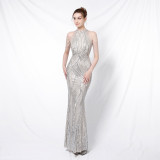 Deep V-Neck Sequined Fishtail Dress Sexy Evening Party Gown