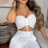 Women's Chic Elegant Solid Color Open-Waist Slim Lace Strapless Wide-Leg Trousers Set