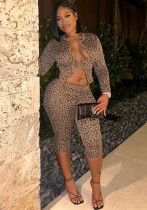 Elastic Leopard Print Slim Fit Sexy Long-Sleeved Top & Shorts Set