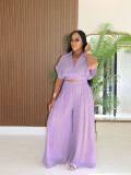 Women Casual Holidays Summer Turndown Collar Short Top & High-Waist Wide-Leg Pants Set