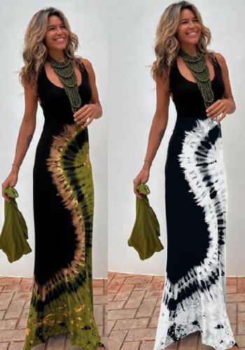 Summer Sexy Women's Printed Strap Low-Back Cross Long Dress