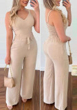 Summer Sexy Low-Back Strap V-Neck Short Vest & Drawstring High-Waist Straight-Leg Trousers Casual Set