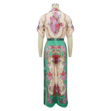 Women's Sexy V-Neck Retro Print Short Sleeve Jumpsuit