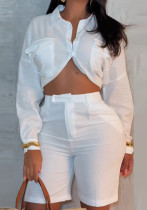 Women's Chic Elegant Solid Color Loose Long Sleeve Open-Waist Shirt & High-Waist Shorts Set