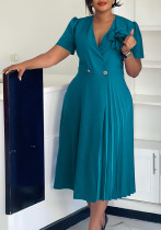 Women's Summer V-Neck Fashion Short Sleeve Solid Color Elegant Pleated African Dress