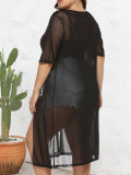Plus Size Women Lips Print See-Through Mesh Slit Irregular Long T-Shirt Cover-up