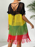Women lace-up bow contrast color Patchwork sexy hollow beach bikini cover-up dress