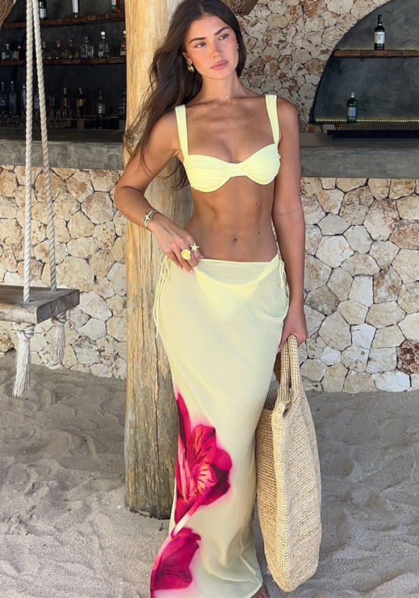 Women printed mesh long skirt Swimwear Three-Piece