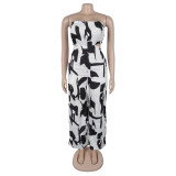 Women Elegant Strapless Printed Wide-leg Jumpsuit