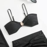 Women Solid Strapless Mesh Long Skirt Three-Piece Shorts Swimwear