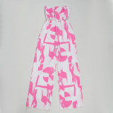 Women Elegant Strapless Printed Wide-leg Jumpsuit
