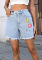 Women Floral Print Wide-Leg Denim Shorts