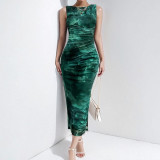Women spring Summer Sleeveless Slit Sexy Print Dress