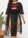 Plus Size Women Lips Print See-Through Mesh Slit Irregular Long T-Shirt Cover-up