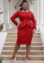 Plus Size Women deep U-neck long sleeve ruffled bodycon dress