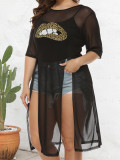Plus Size Women Lips Print See-Through Mesh Slit Irregular Long T-Shirt Cover-up
