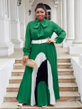 Plus Size Women lace-up long sleeve color matching pleated dress