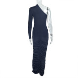 Women Solid Bodycon Slash Shoulder Pleated Single Long Sleeve Formal Party Dress
