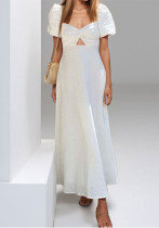 Women summer v-neck pleated short-sleeved hollow dress