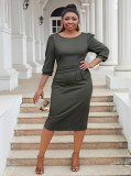 Plus Size Women o-neck pleated dress