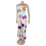 Women Elegant Strapless Printed Wide-leg Jumpsuit
