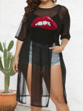 Plus Size Women Lips Print See-Through Mesh Slit Irregular Long T-Shirt Cover-up