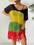 Women lace-up bow contrast color Patchwork sexy hollow beach bikini cover-up dress