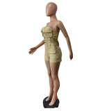 Women Solid Strapless Stretchy Cargo Zipper Pocket Jumpsuits