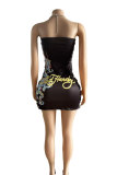Women Retro Print Drawstring Strapless Dress