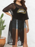 Plus Size Women Lips Print See-Through Mesh Slit Irregular Long T-Shirt Cover-up