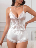 Sexy Pajamas for Women Summer Straps Low-Back Lace Satin Two-Piece Shorts Set