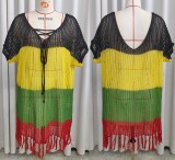 Women lace-up bow contrast color Patchwork sexy hollow beach bikini cover-up dress