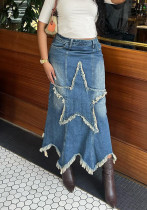 Women Half Star Patch Washed Denim Skirt