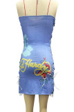 Women Retro Print Drawstring Strapless Dress