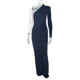 Women Solid Bodycon Slash Shoulder Pleated Single Long Sleeve Formal Party Dress