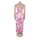 Women Elegant Strapless Printed Wide-leg Jumpsuit
