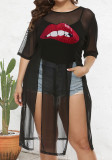 Plus Size Women Lips Print See-Through Mesh Slit Irregular Long T-Shirt Cover-up
