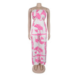 Women Elegant Strapless Printed Wide-leg Jumpsuit