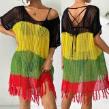 Women lace-up bow contrast color Patchwork sexy hollow beach bikini cover-up dress